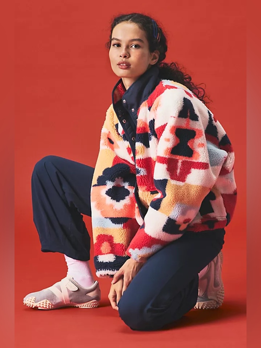 NWOT FREE PEOPLE FP MOVEMENT Hit The Slopes Printed Fleece Jacket - Coral Carpet